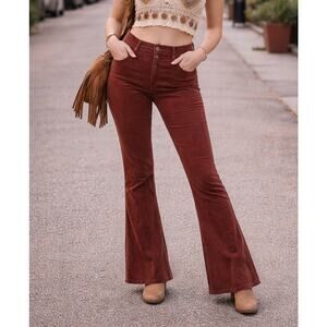 Free People Sz 27 Burnt Orange Corduroy Flare Jeans Fringe Cuff Festival Hippie
